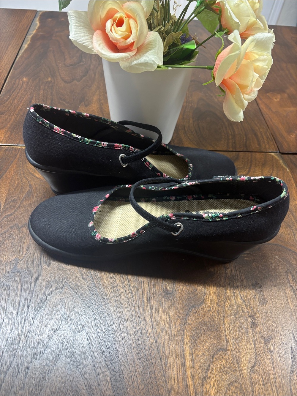 Skechers Black Wedge Mary Jane Heels with Floral Trim